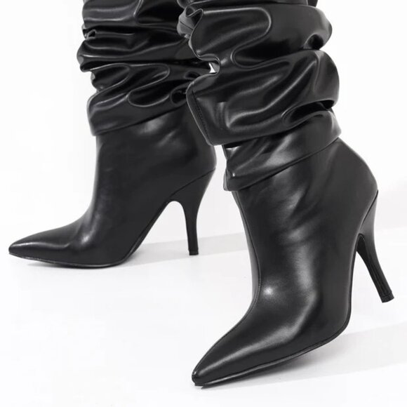 Khaite Ruched Stiletto Mid Calf Boots - Taupe and Black - Picture 2 of 5